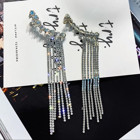 LONG TASSEL STERLING SILVER DIAMOND DROP EARRINGS - Picture 5 of 6